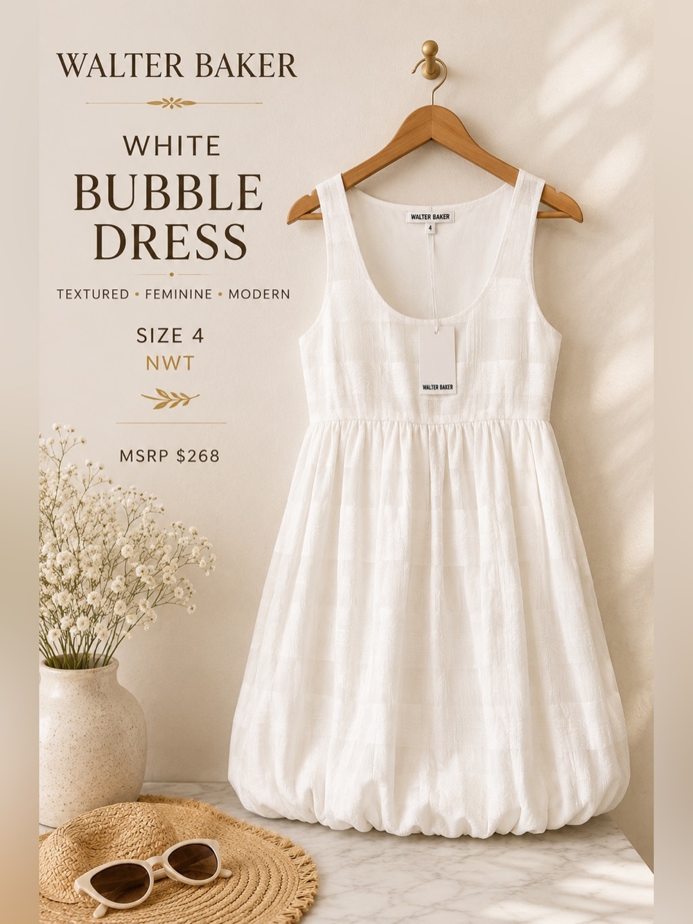 Walter Baker White Textured Cotton Bubble Hem Dress Size 4
